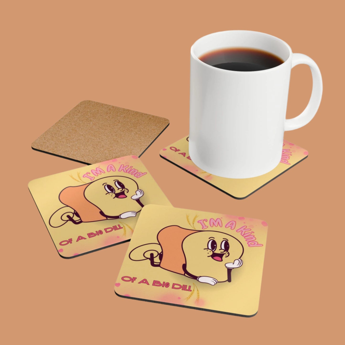 Set of four cartoon-themed coasters with a mug of coffee on a white background.