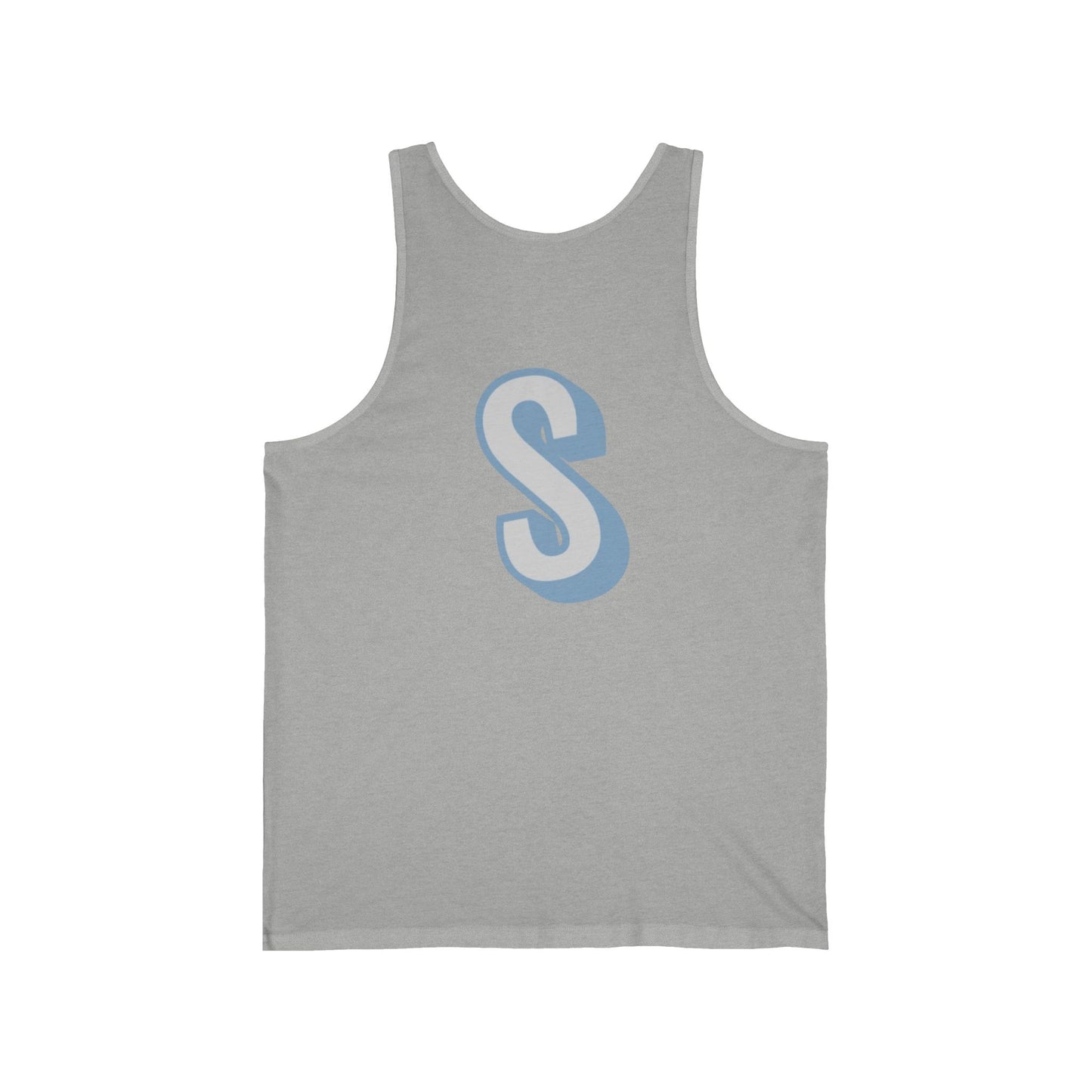 Unisex tank top with a blue 'S' on a white background