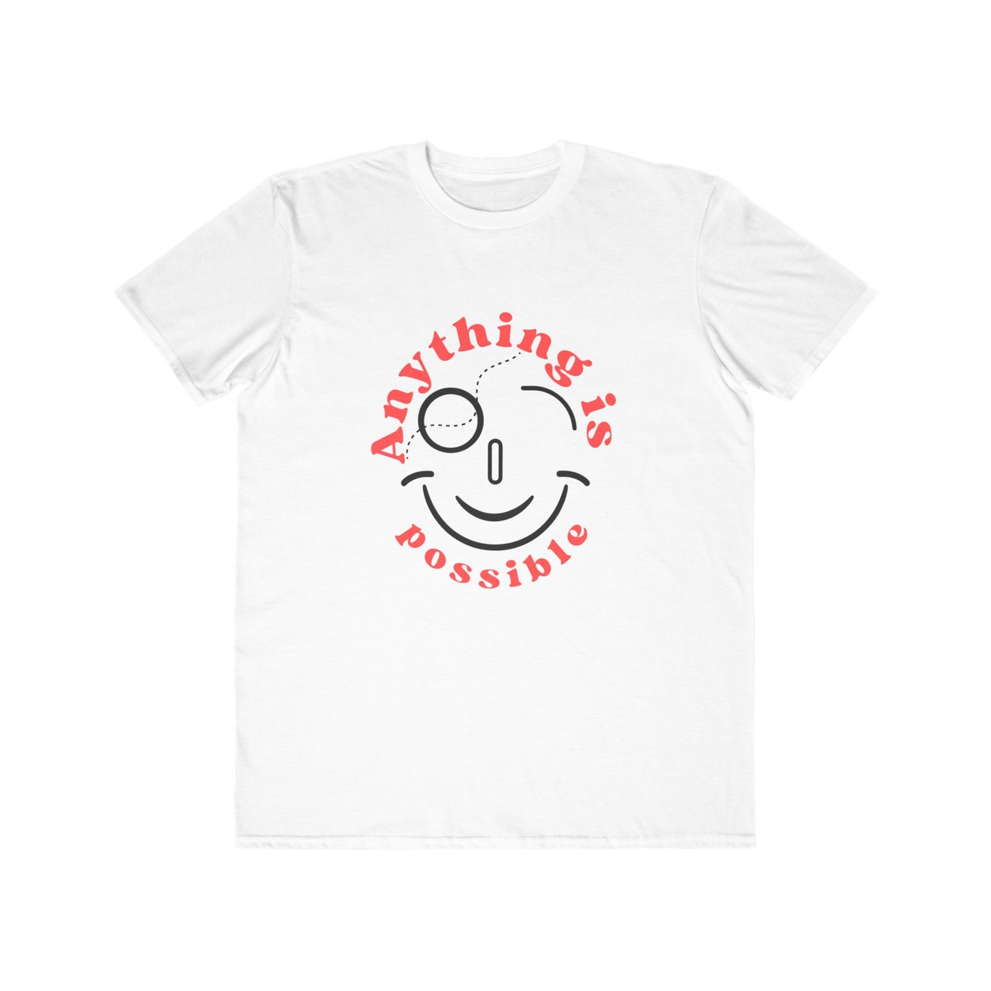White t-shirt with a smiley face and text 'Anything is possible' on a white background