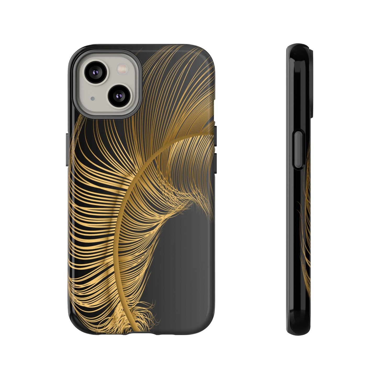 Glossy black Artistic tough phone case with feather design on iPhone 14