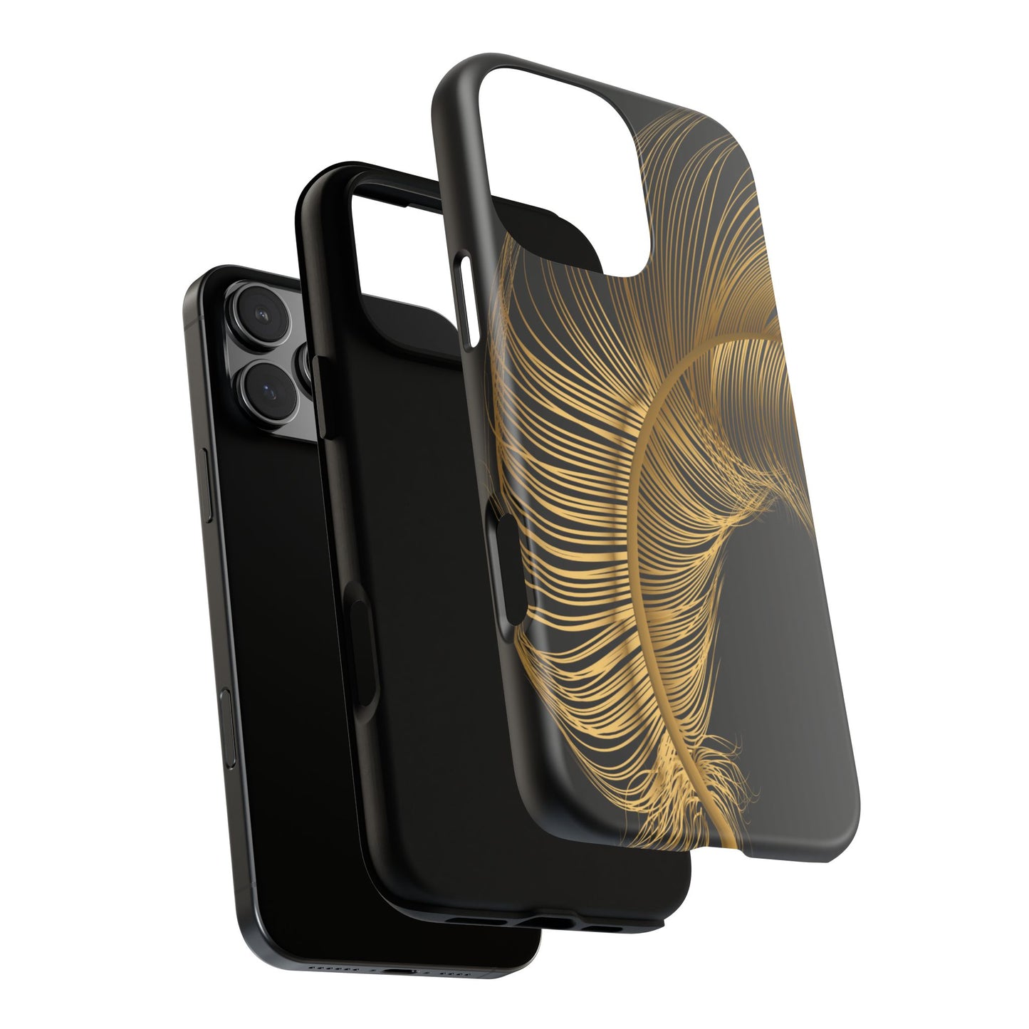Phone case with gold feather design on black background