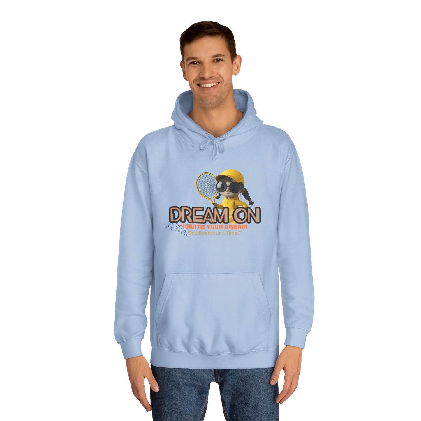 Person wearing a light blue hoodie with a graphic design.