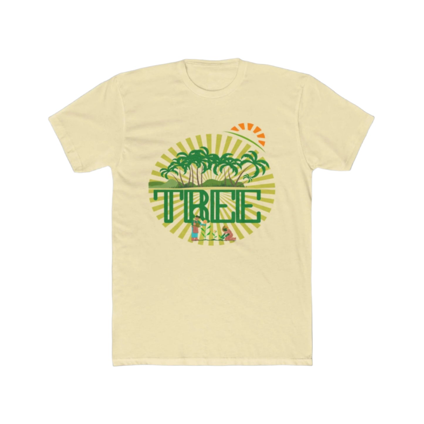 A solid natural unisex cotton crew tee with a graphic print in the center that includes green palm trees and the word 'PINE'.