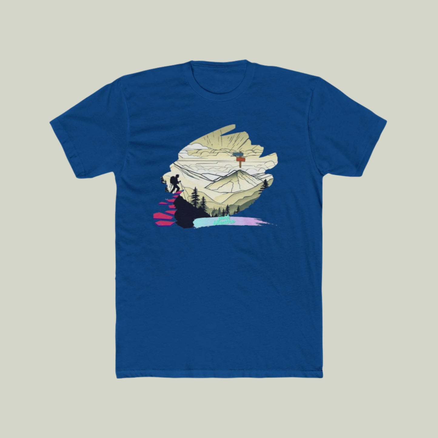 Unisex model wearing solid cool blue cotton crew neck t-shirt