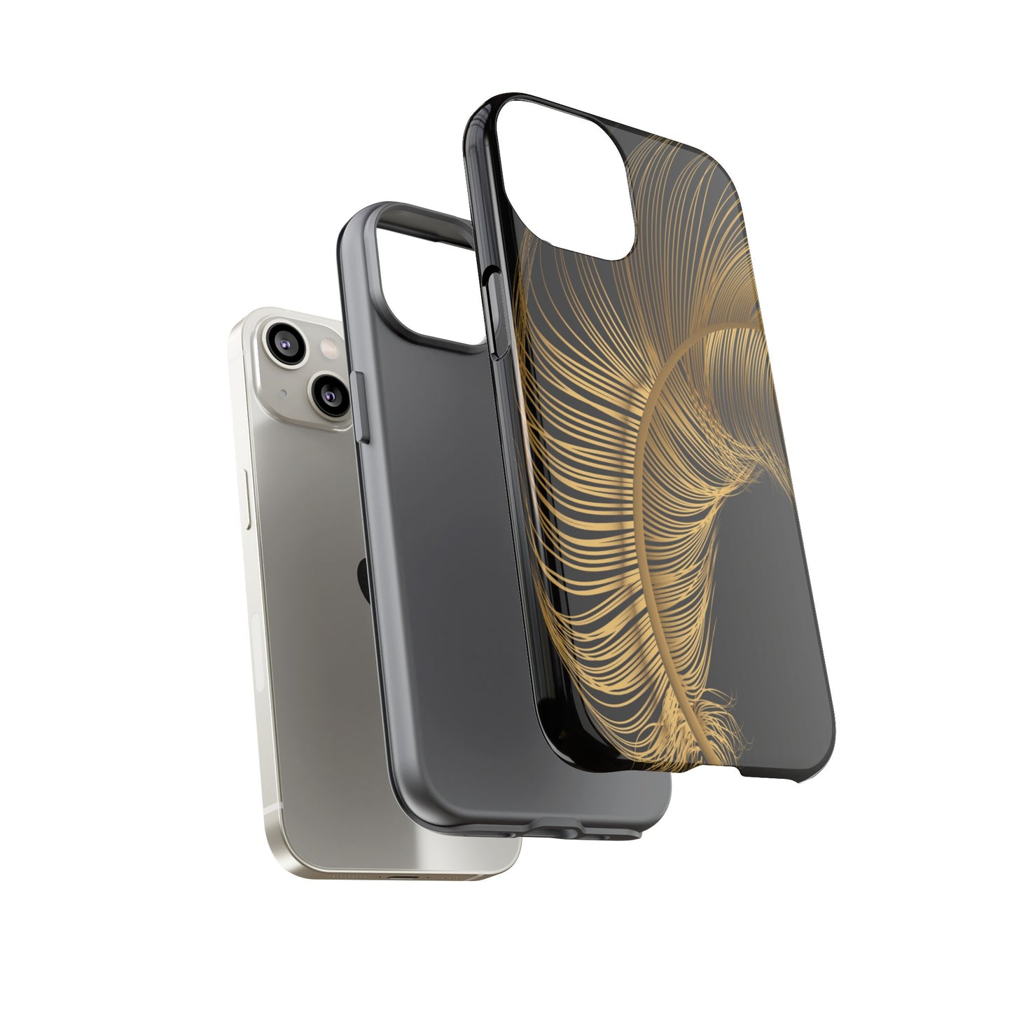 Phone case with gold feather design on black background