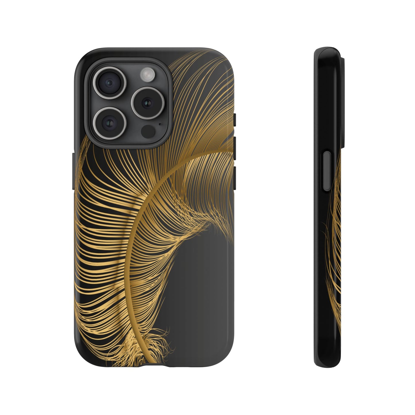 glossy black i phone 15 pro case with golden feather design- elegant and protective