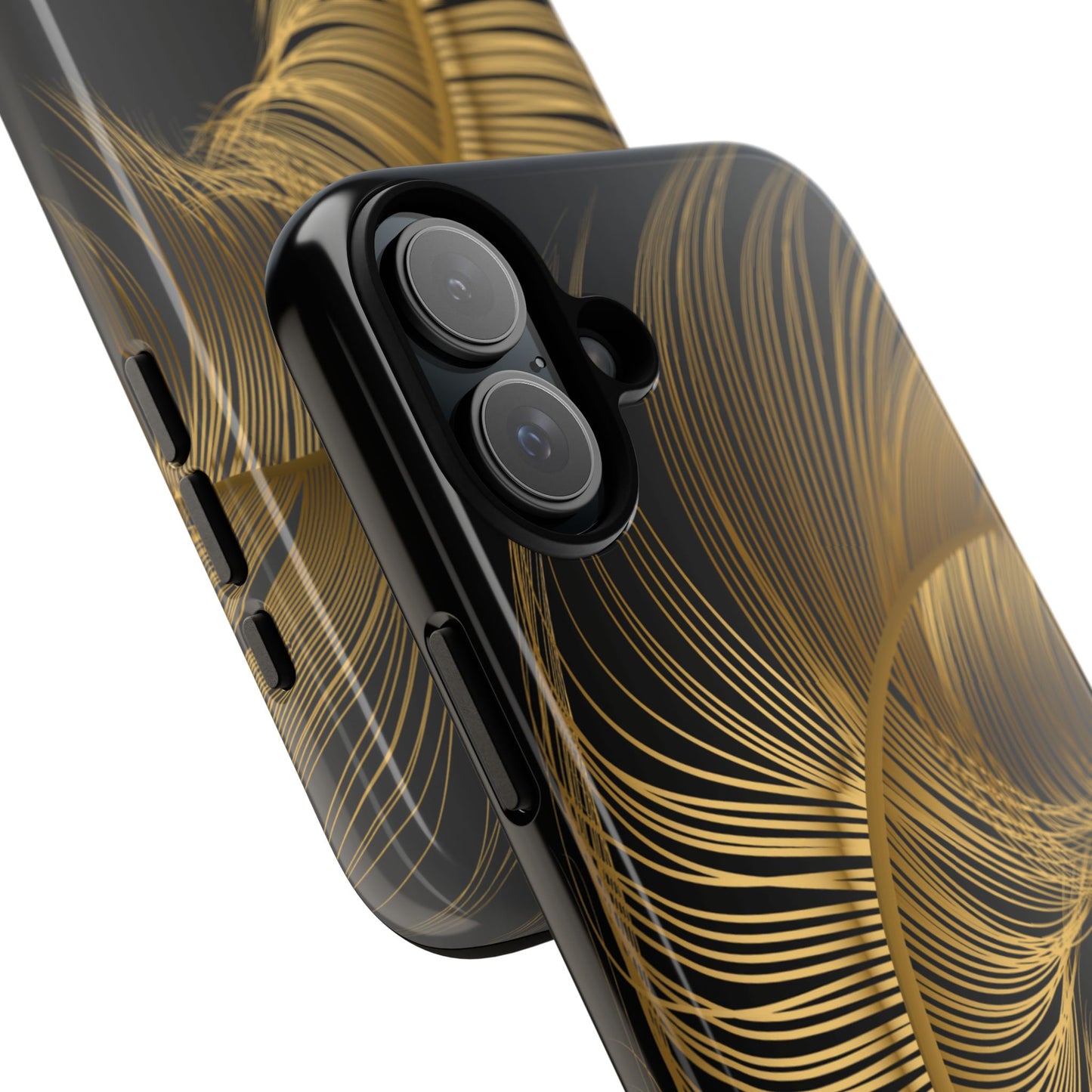 Phone case with gold feather design on black background