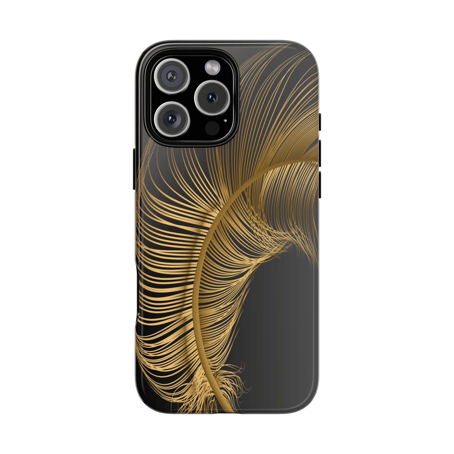 glossy black i phone 16 pro max case with golden fether design elegant- and protective