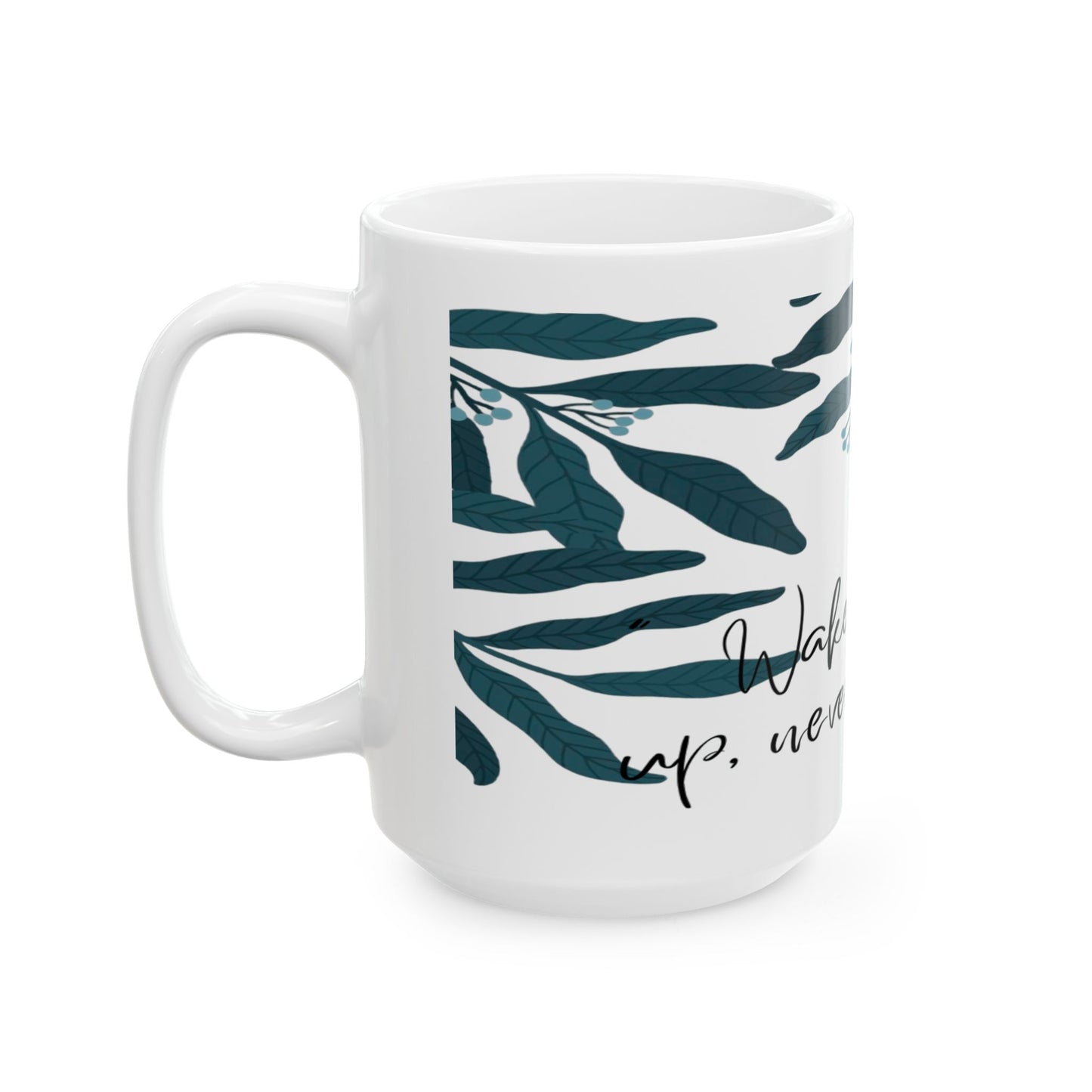 White mug with green leaf pattern and text on a white background