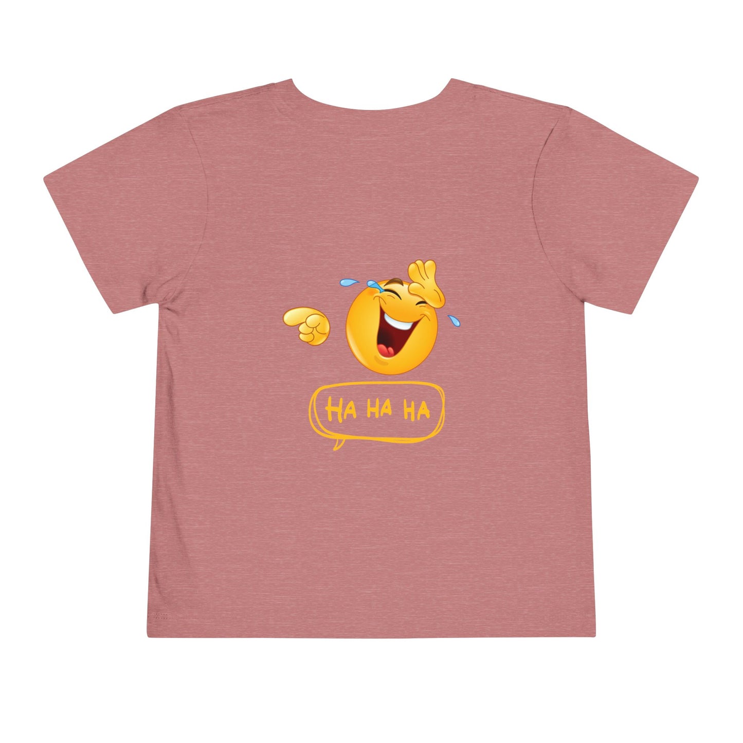 Pink t-shirt with a laughing emoji design on the back.