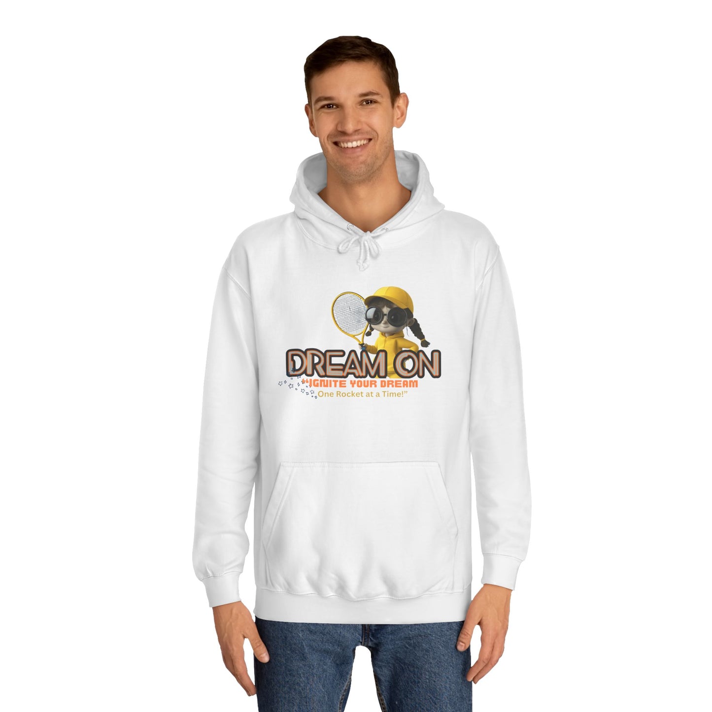 Person wearing a white hoodie with a graphic design on a white background