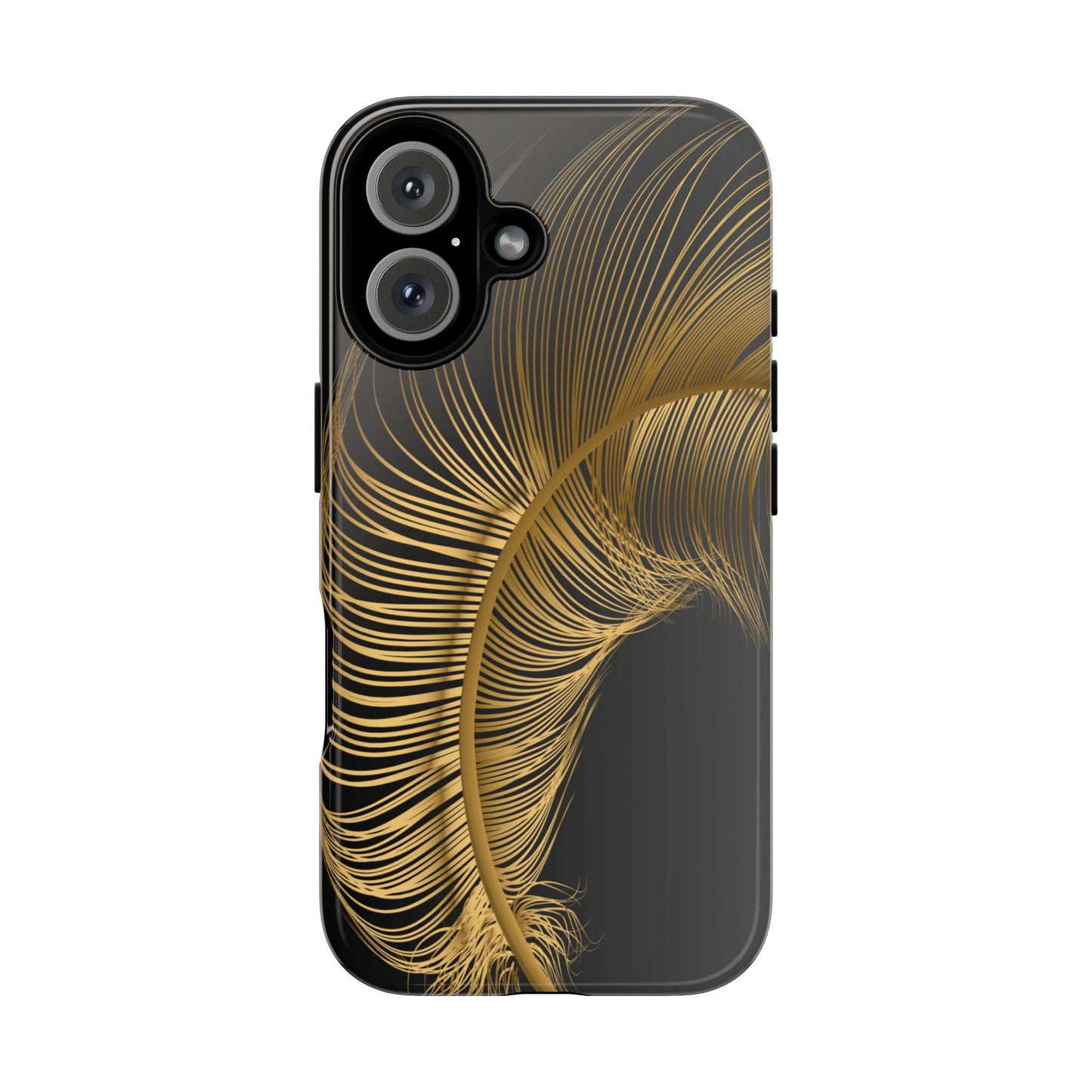 glossy black i phone 16 case with golden feather design -elegant and protective