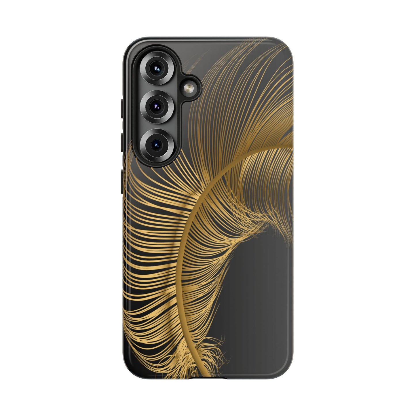 glossy black samsung galaxy s 25 with golden feather design -elegant and protective
