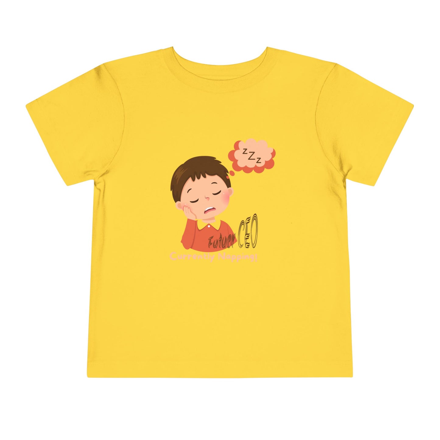 Toddler short sleeve t-shirt with sleeping child illustration and “Future CEO, Currently Napping” text