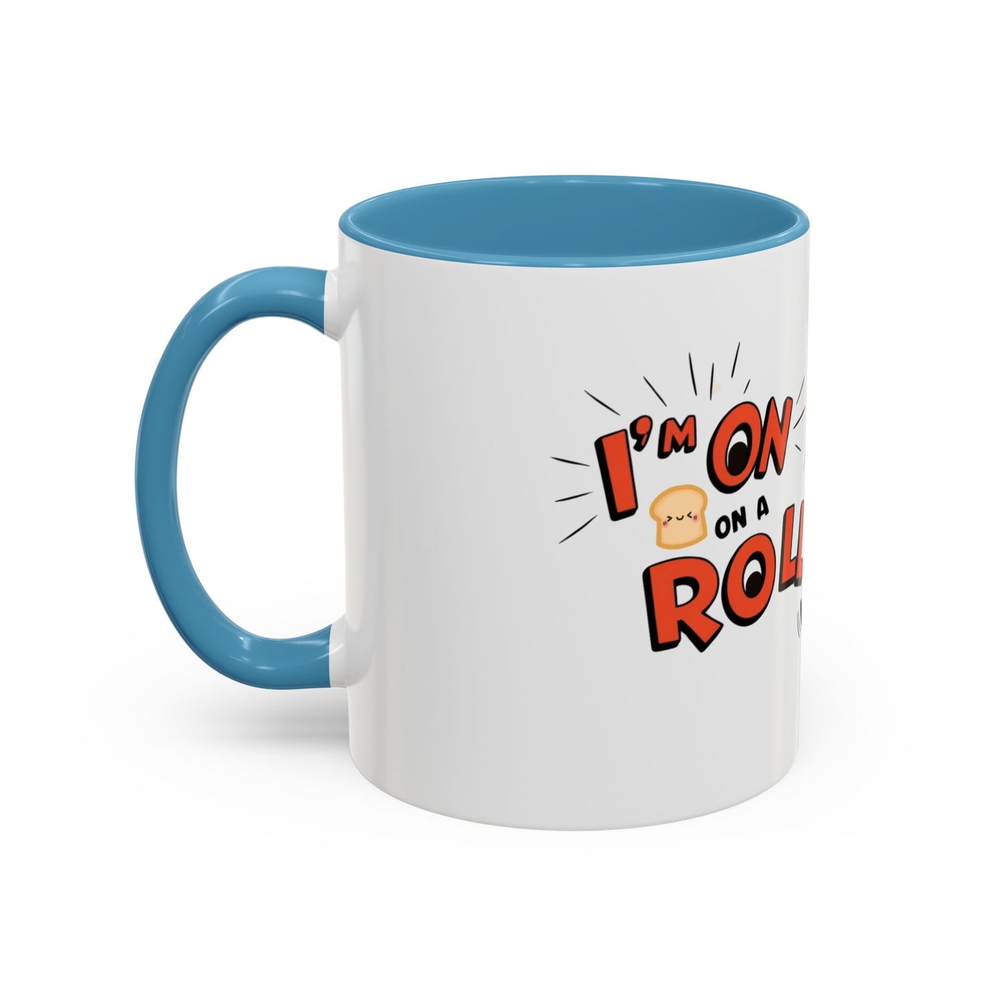 White mug with blue handle and interior, featuring a humorous text design.