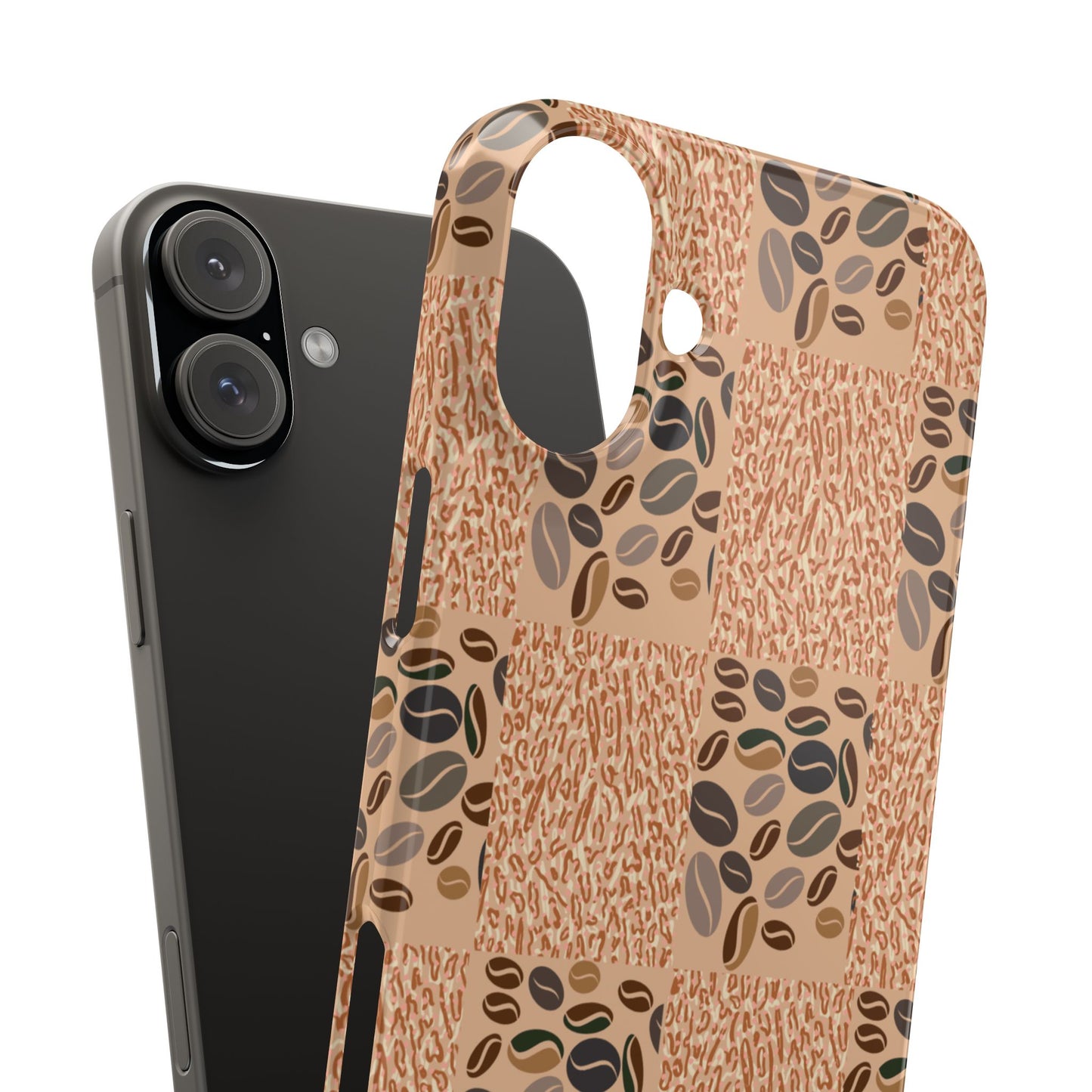 Phone case with coffee bean pattern on a plain background