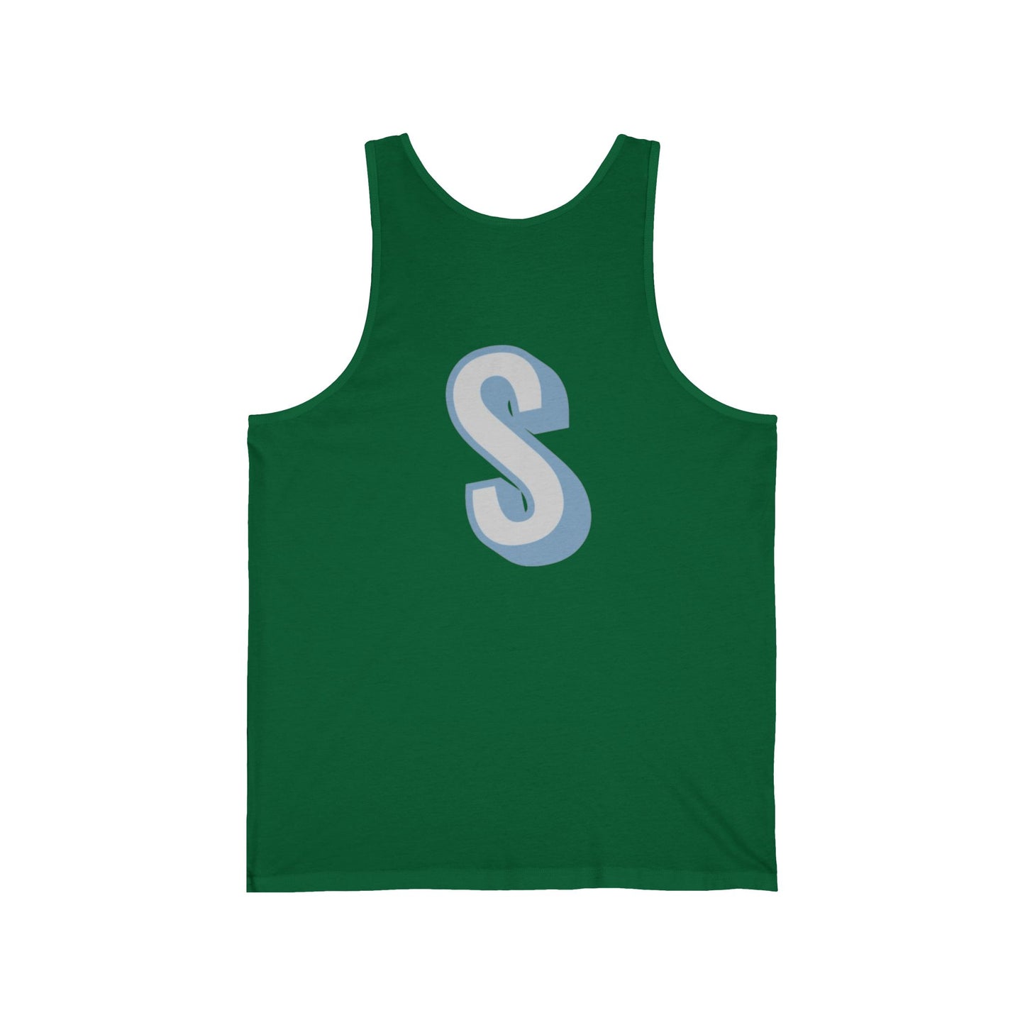 unisex tank top with a blue 'S' on a white background