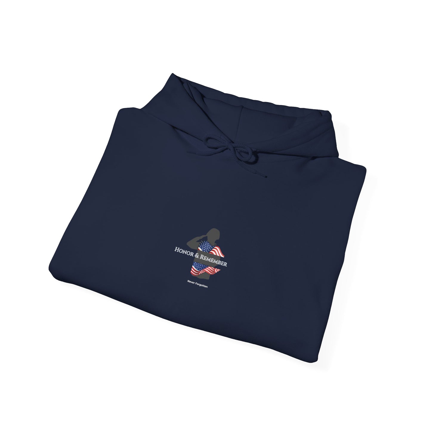 Folded navy blue hoodie on a white background