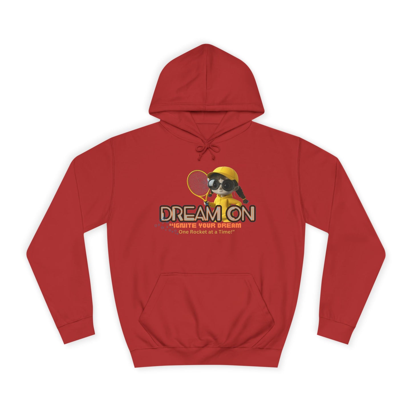 A fire red unisex hoodie with a graphic print of a bee and the text 'DREAM ON' on the front.