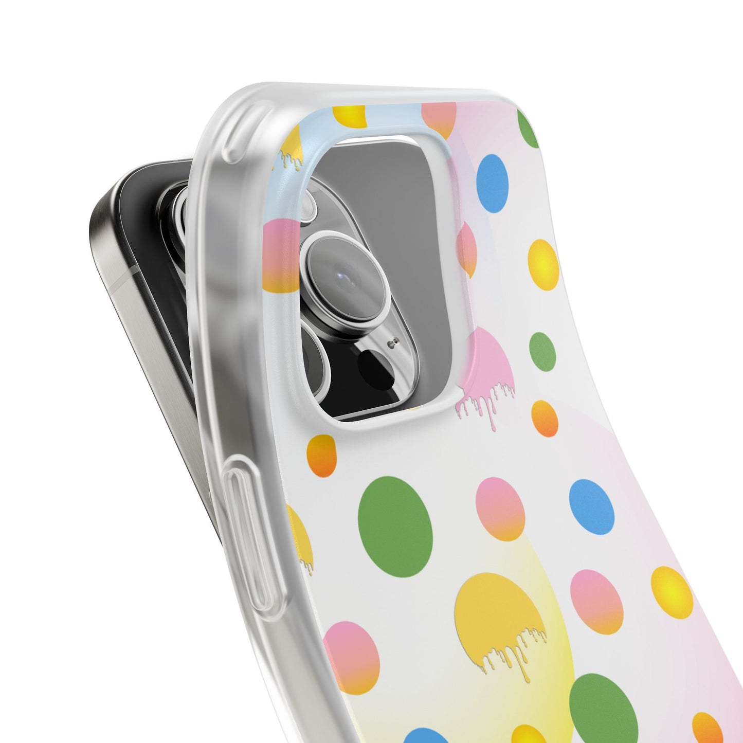 Phone case with colorful polka dot pattern on a white background