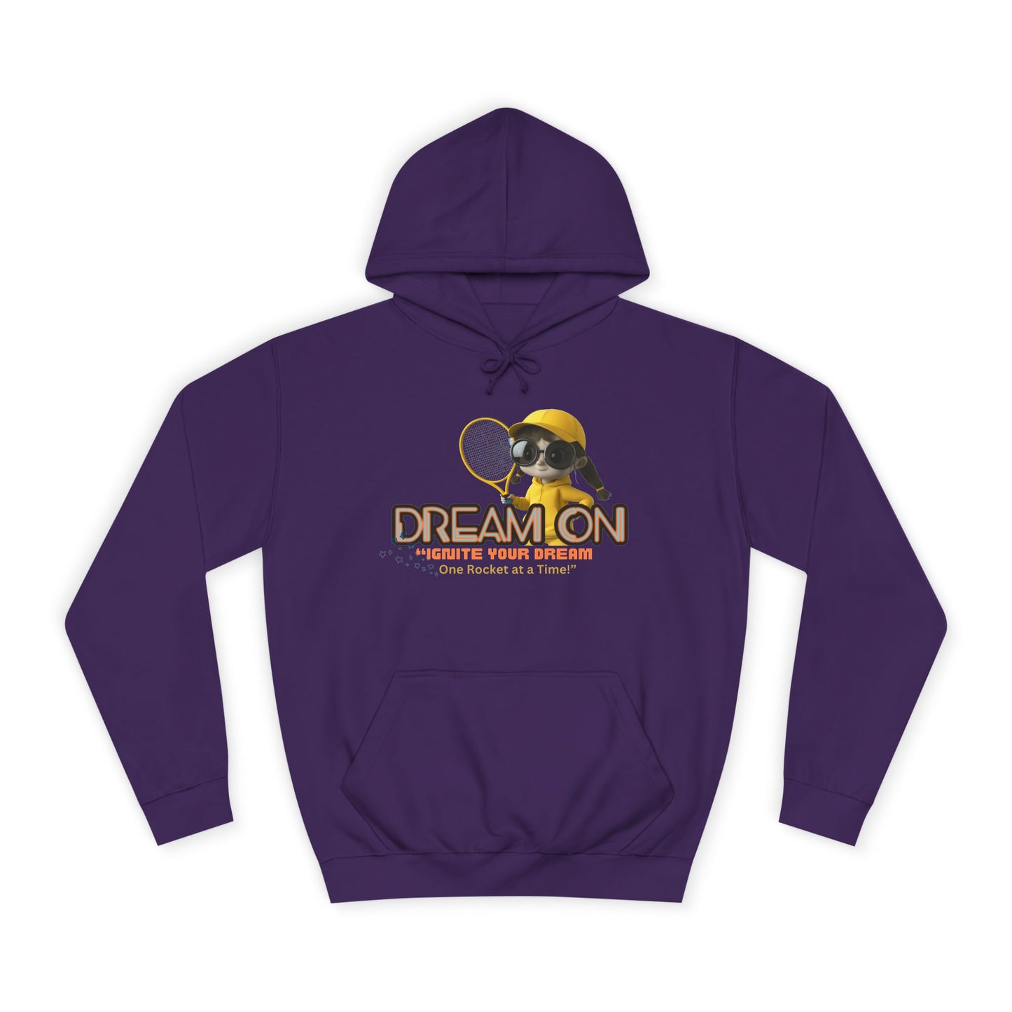 A purple unisex hoodie with a graphic print of a bee and the text 'DREAM ON' on the front.