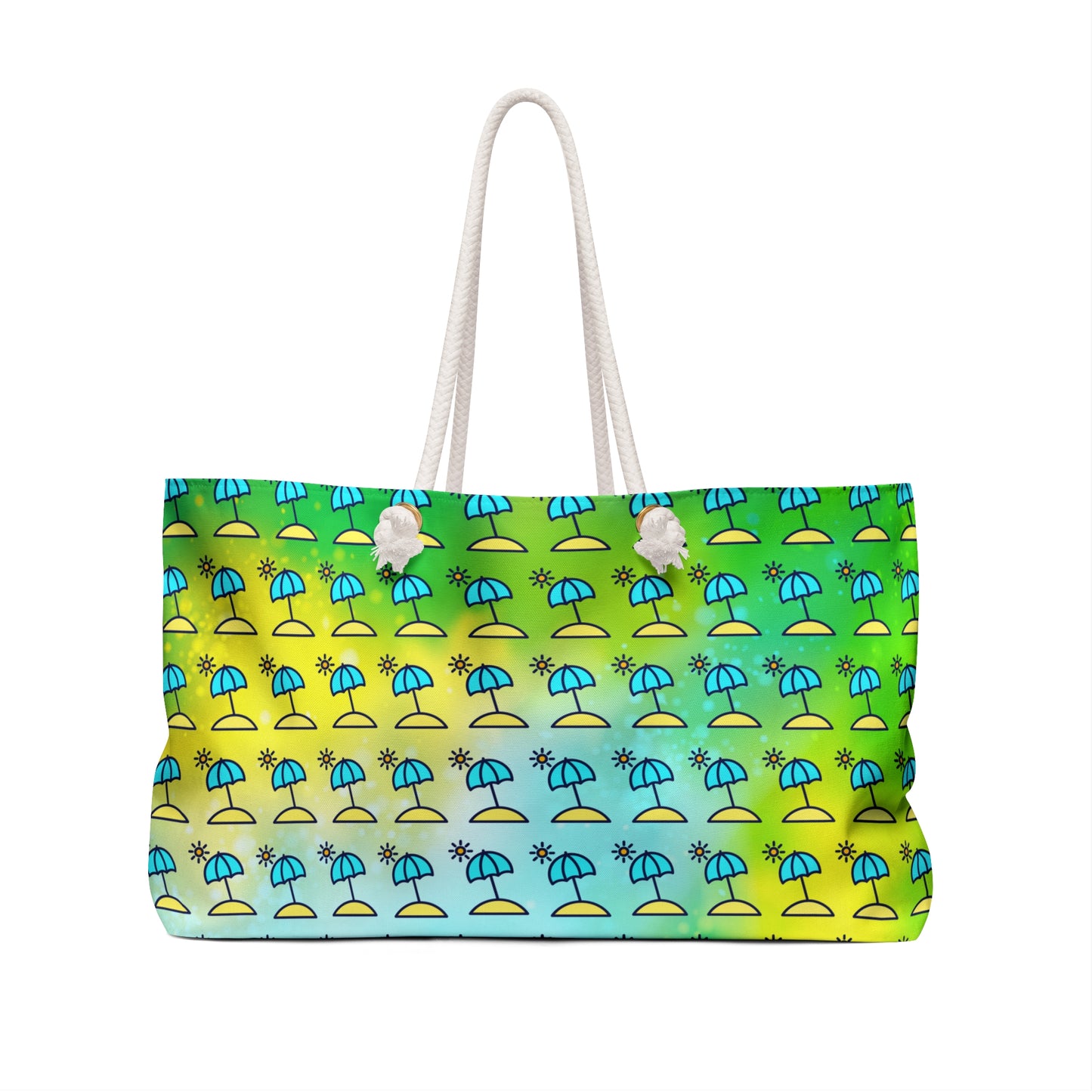 A multicolored weekender tote bag with a geometric pattern featuring an umbrella design, with a blue, green, and yellow color scheme, and white rope handles.