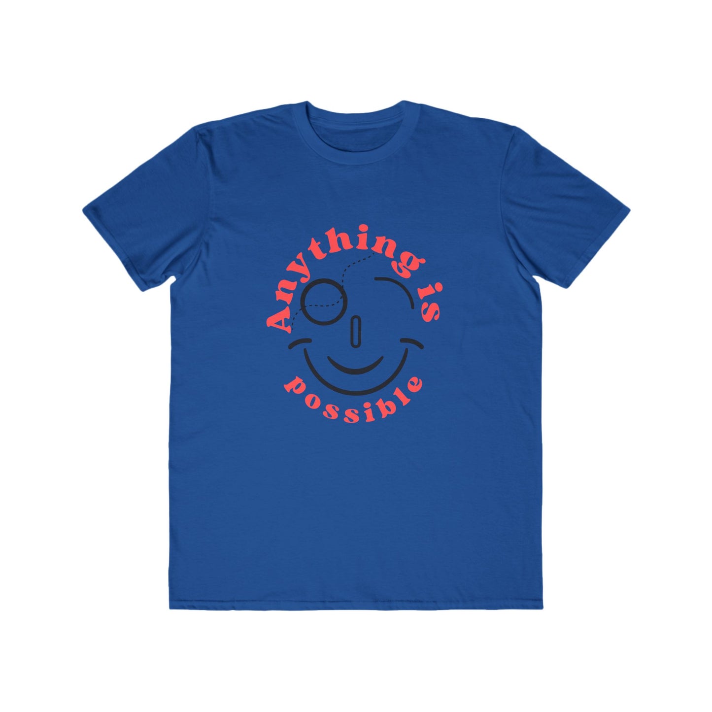 Blue t-shirt with a smiley face and 'Anything is possible' text on a white background