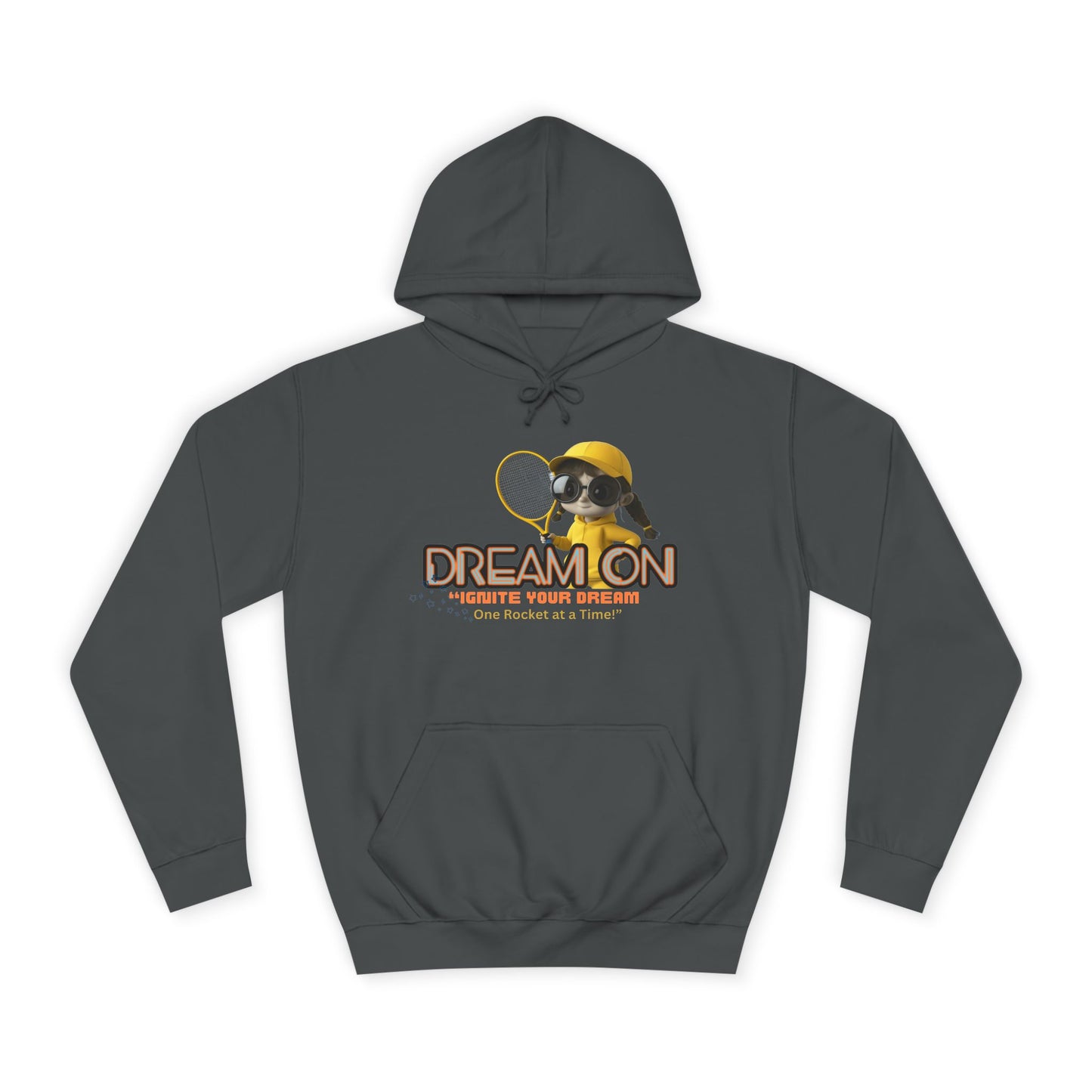 A steel gray unisex hoodie with a graphic print of a bee and the text 'DREAM ON' on the front.