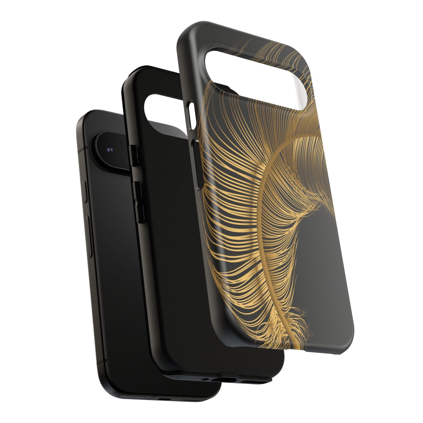 Phone case with gold feather design on black background