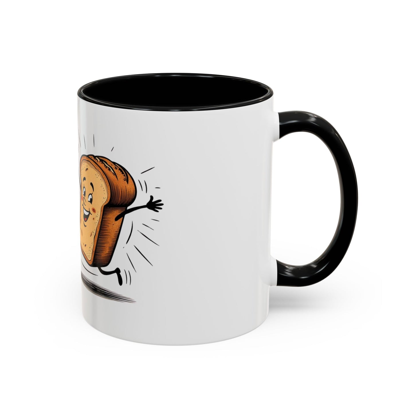 A white ceramic coffee mug with a black interior, featuring an illustration of a bread character with the words 'on a roll' and a smiling face.