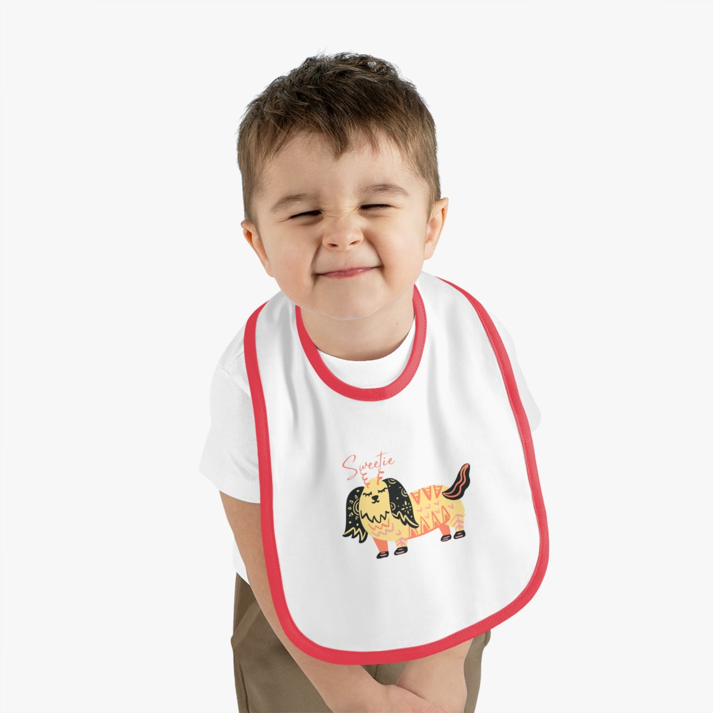 “Sweetie Dog Print Jersey Baby Bib – Soft & Adorable Mealtime Essential”