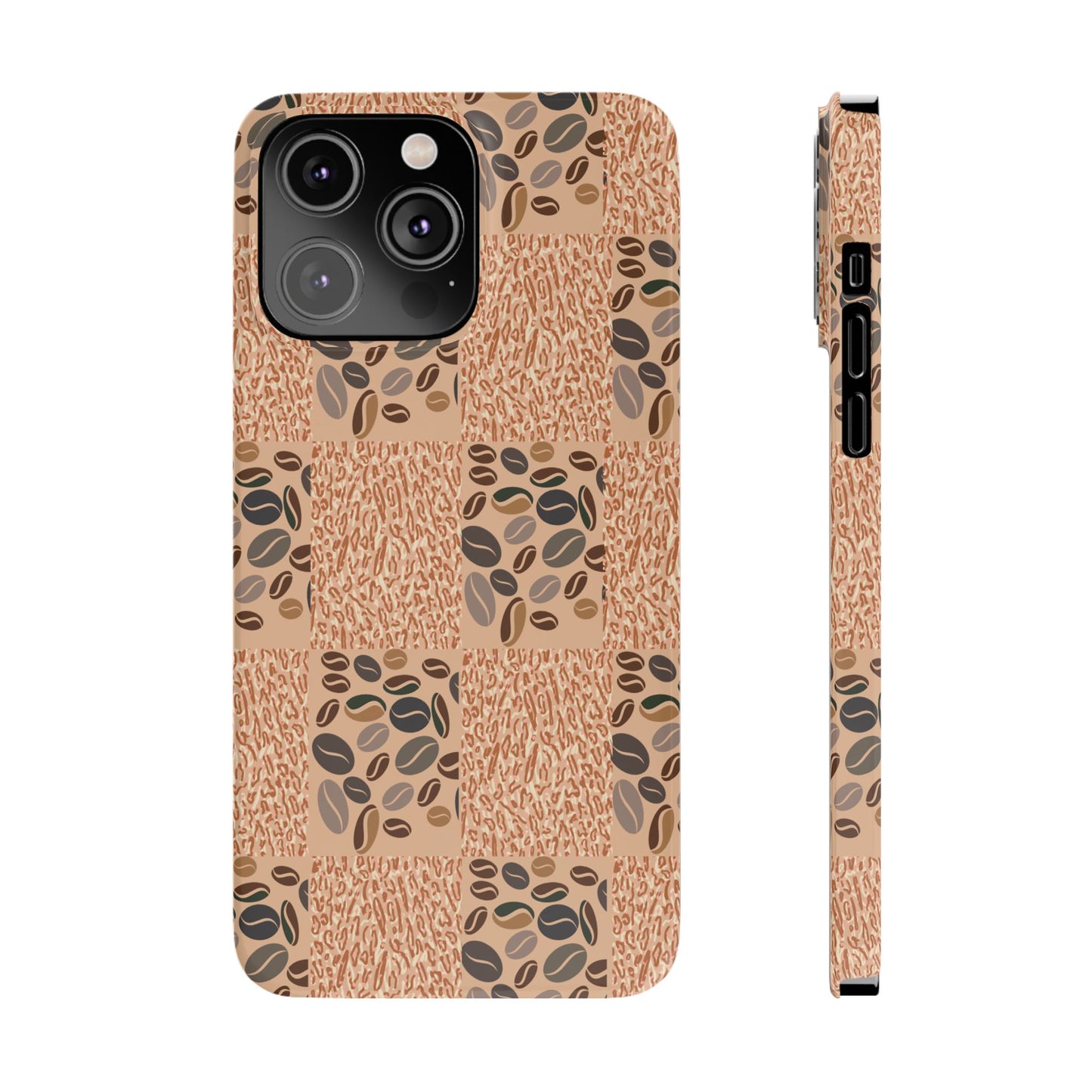 A mobile phone case with a geometric pattern featuring coffee beans on a beige background, designed for iPhone 16 pro max series models.