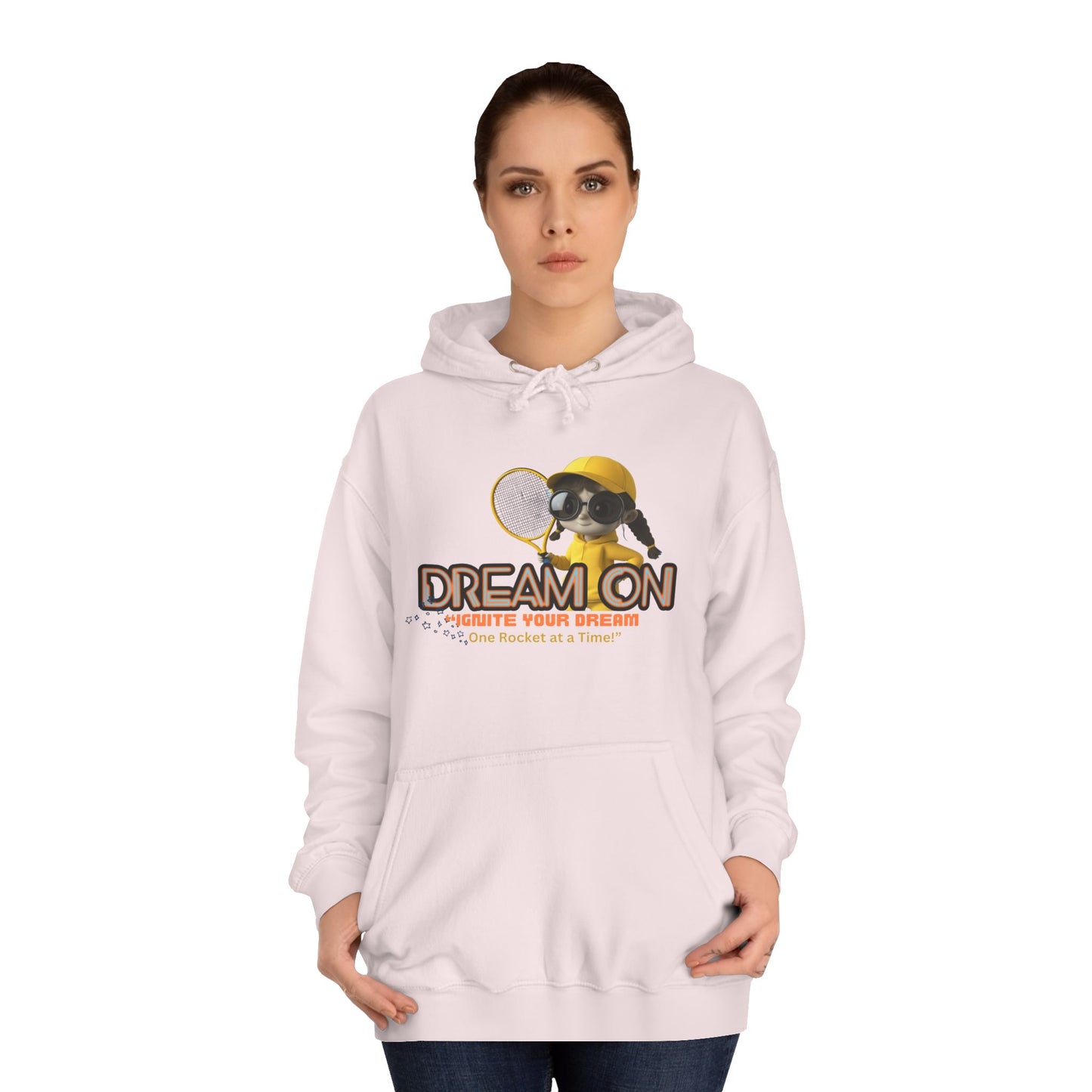 Person wearing a light pink hoodie with a graphic design on a white background