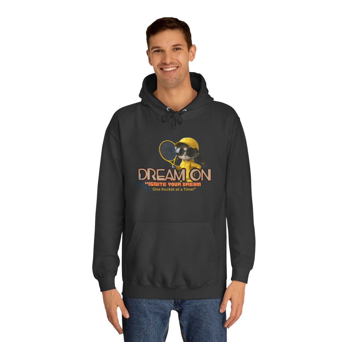 Person wearing a charcoal hoodie with a graphic design on a white background