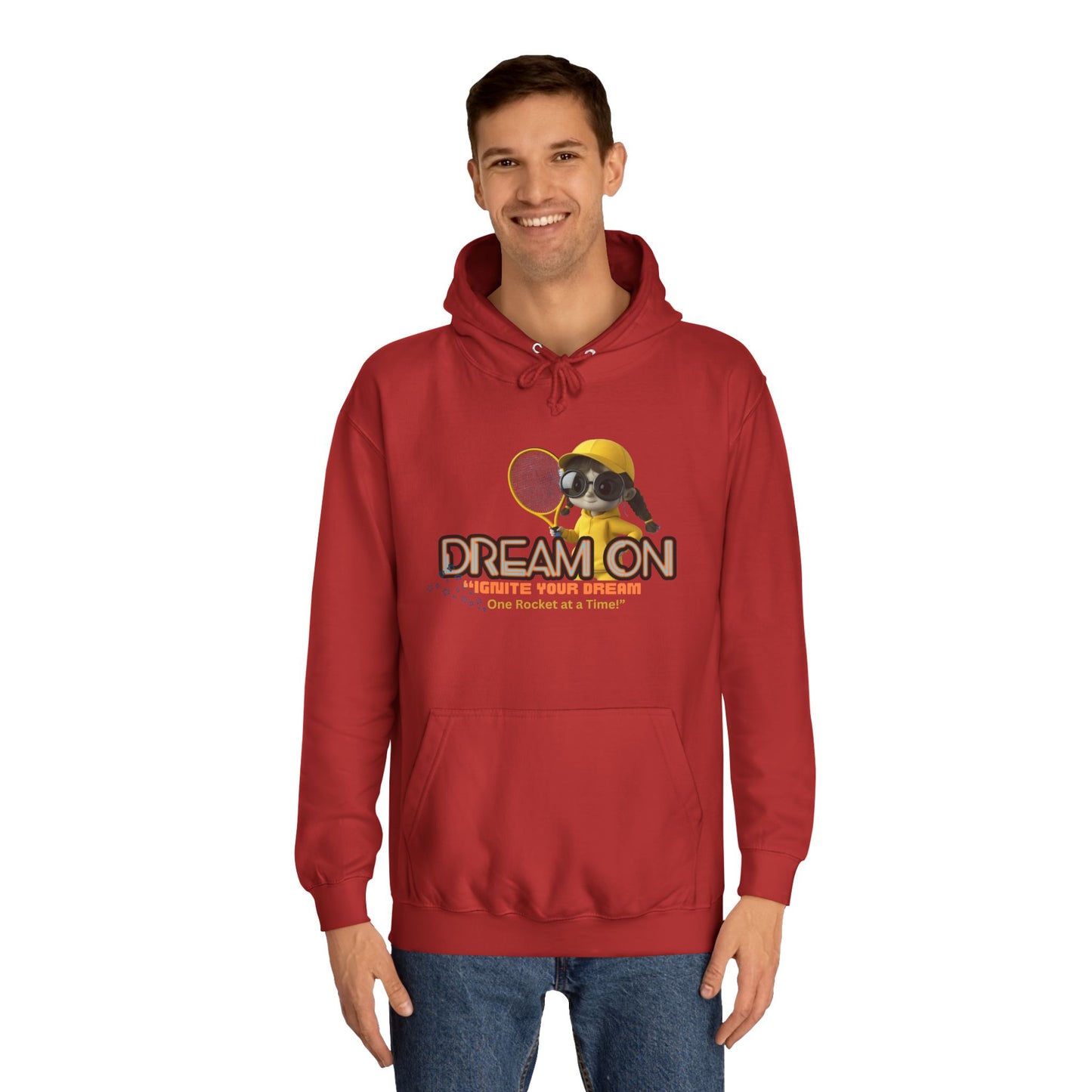 Person wearing a red hoodie with a graphic design on a white background