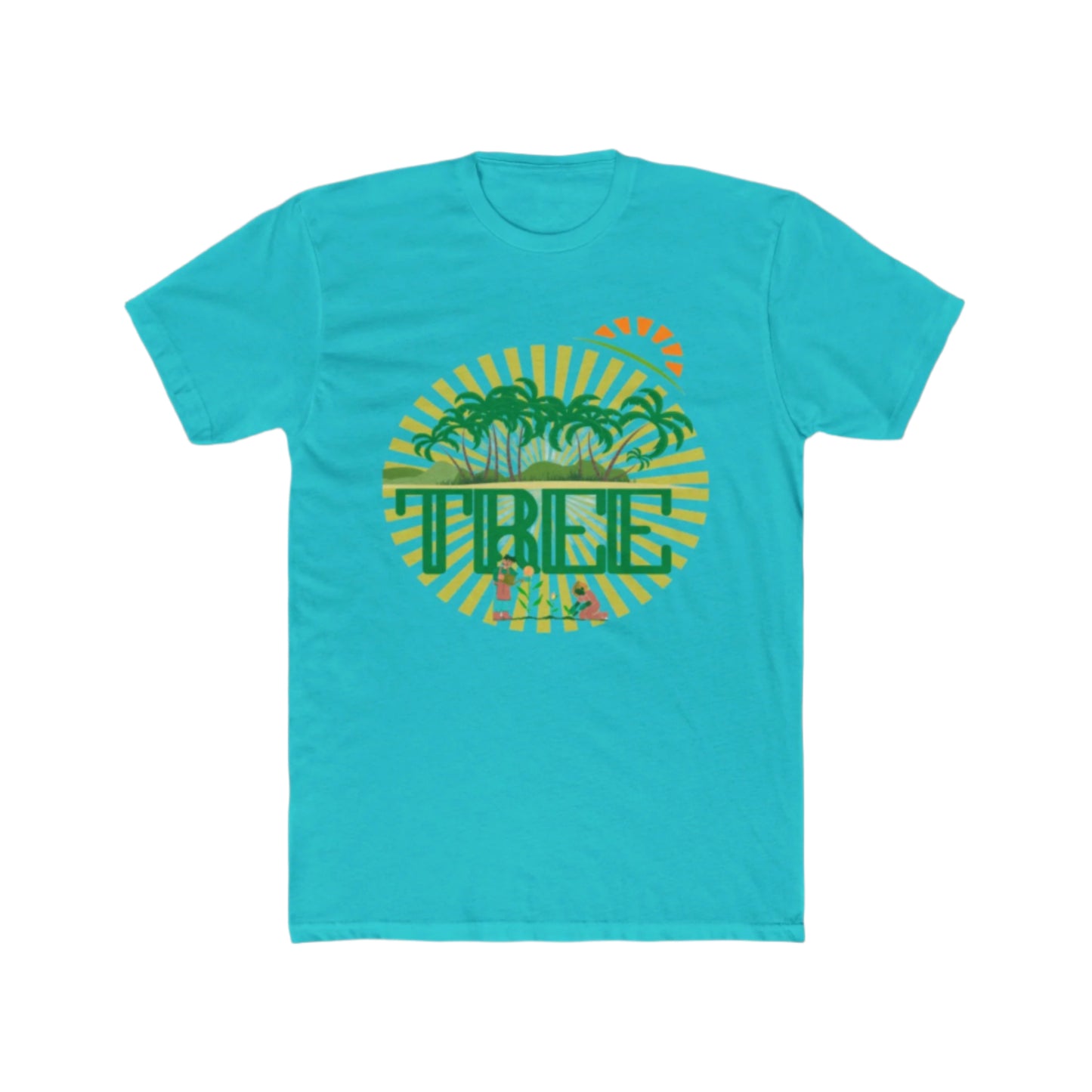 A solid tahiti blue unisex cotton crew tee with a graphic print in the center that includes green palm trees and the word 'PINE'.