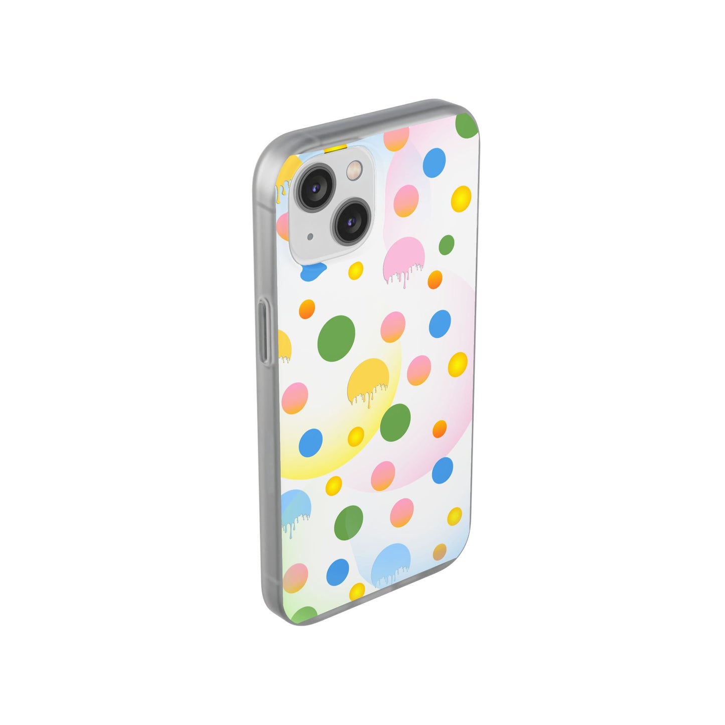 Phone case with colorful polka dot pattern on a white background