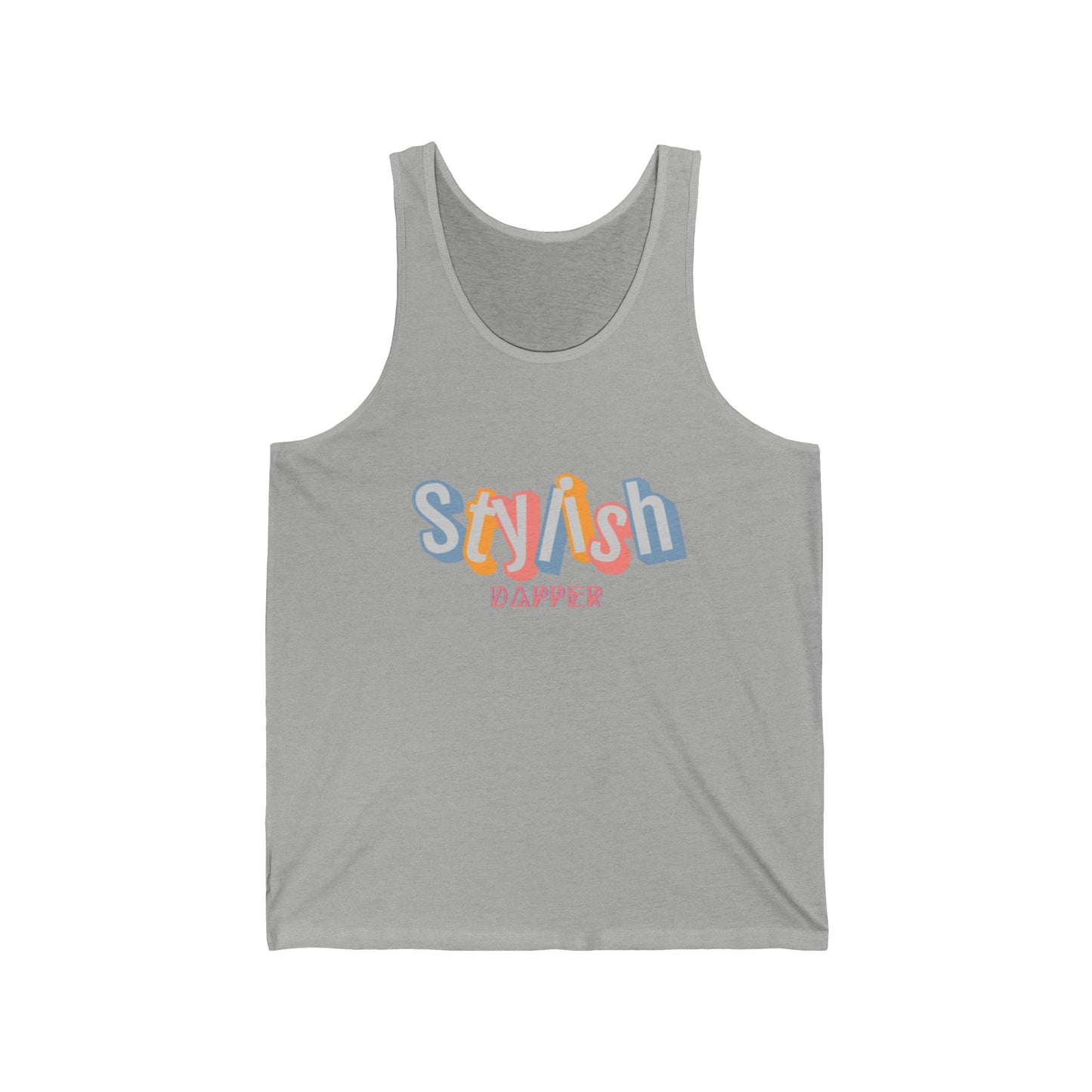 Unisex jersey tank with “Stylish Dapper” text on front
