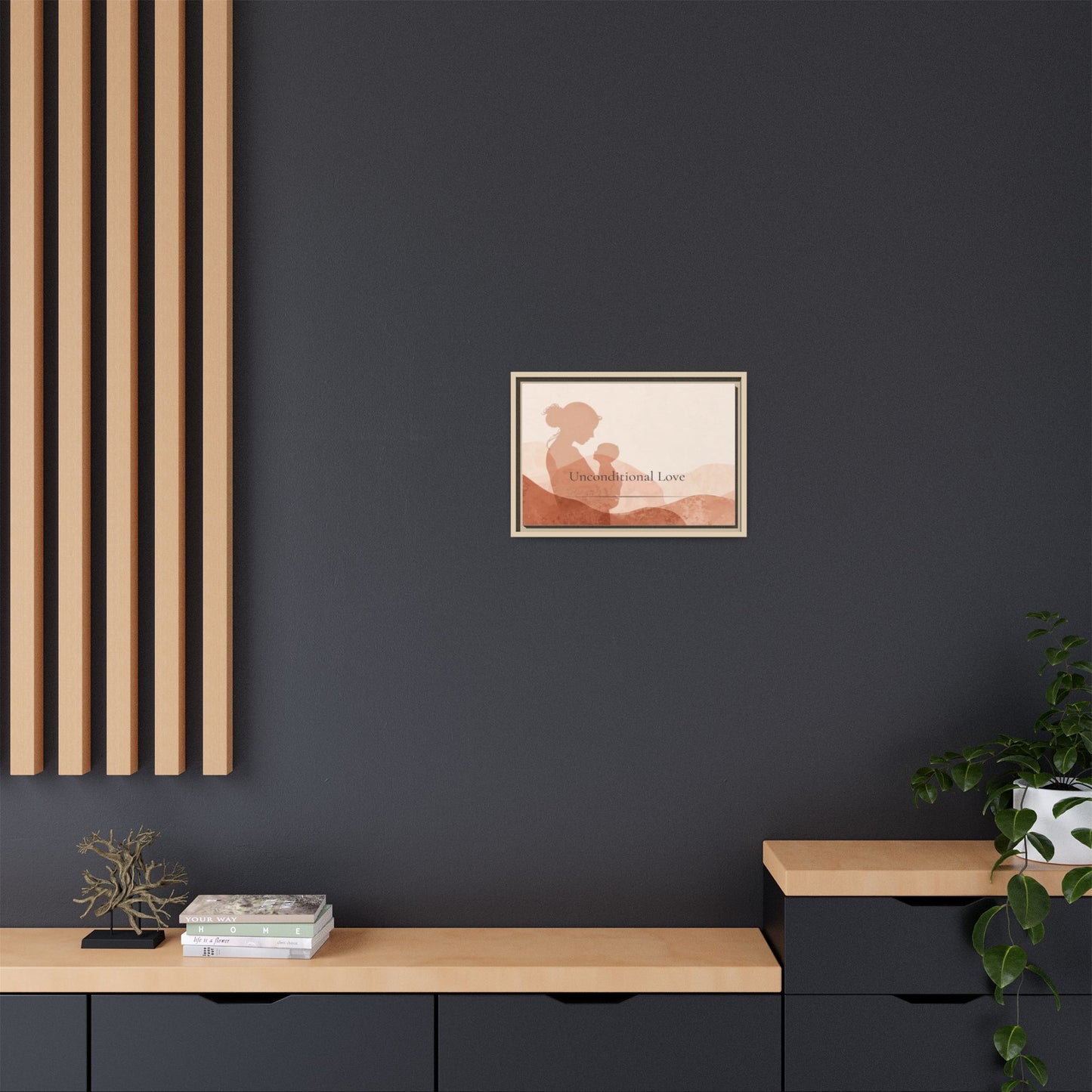 Framed artwork on a dark wall with wooden shelves and decor items.