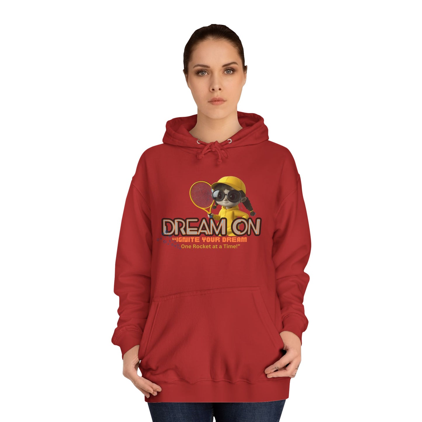 Person wearing a red hoodie with a graphic design on a white background