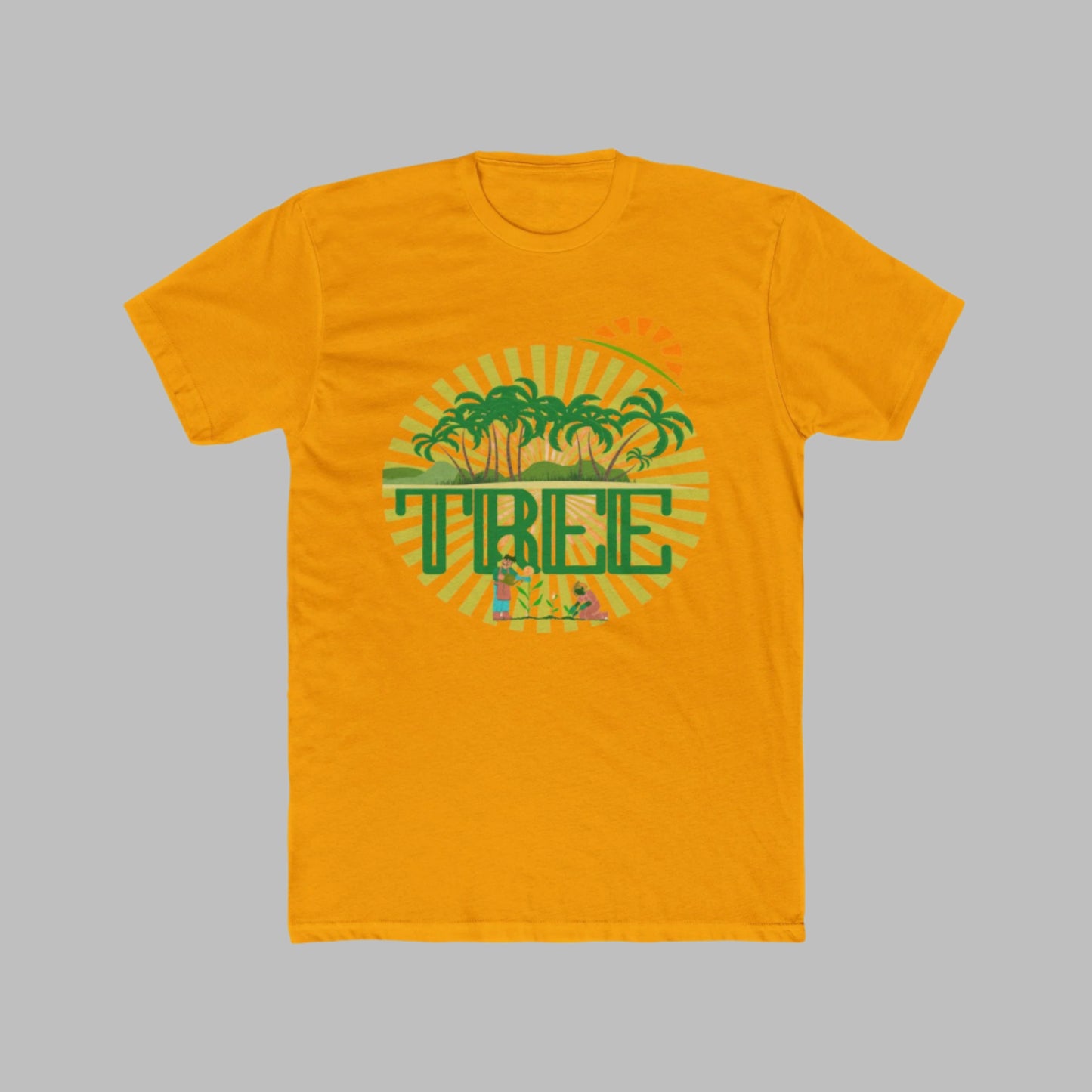 A solid gold unisex cotton crew tee with a graphic print in the center that includes green palm trees and the word 'PINE'.