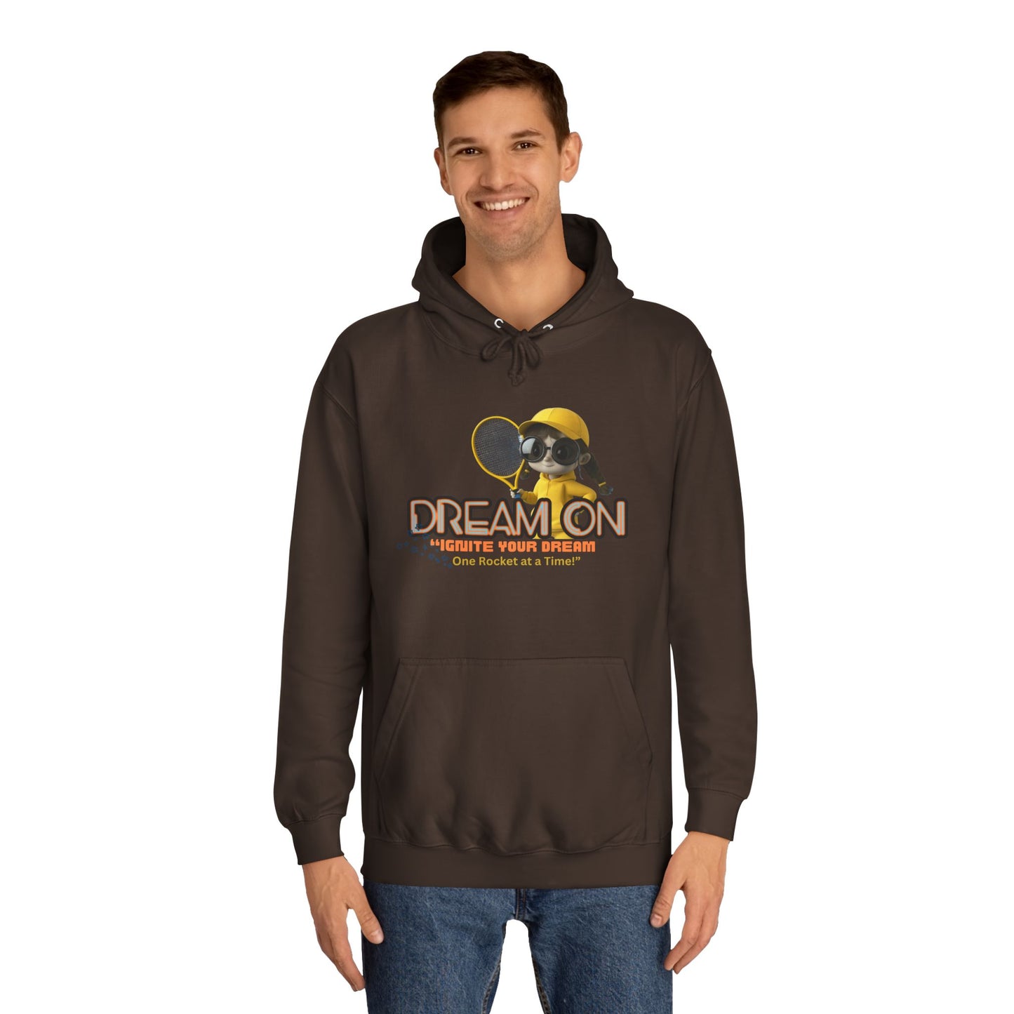 Person wearing a brown hoodie with a graphic and text on a white background