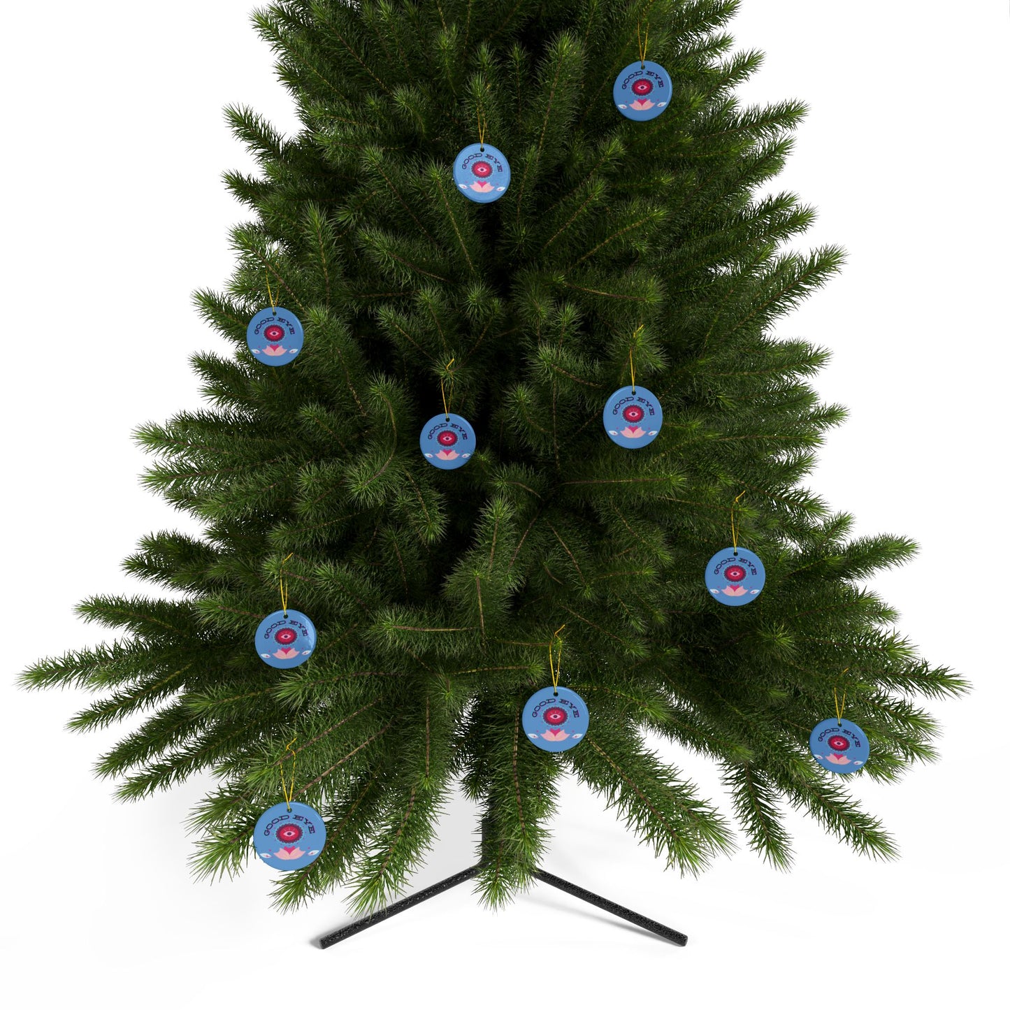 Christmas tree with blue and red circular ornaments on a white background