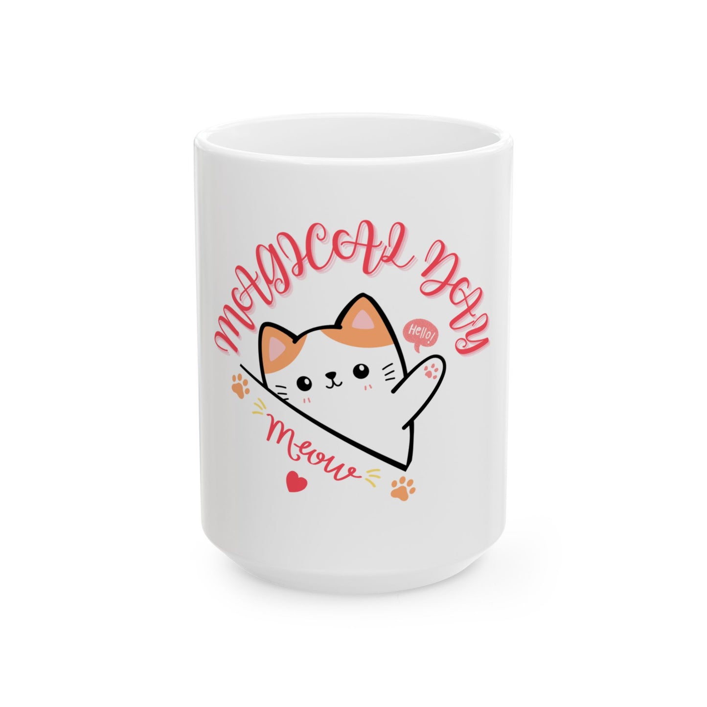White mug with a cat illustration and text on a white background