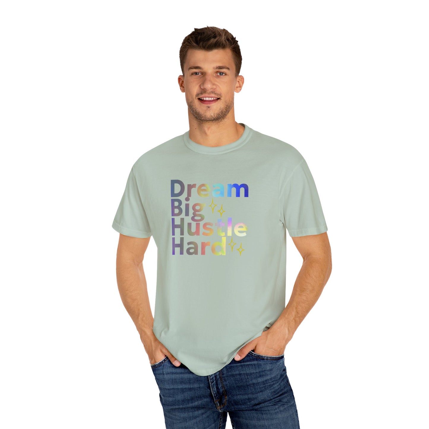 Man wearing a light green t-shirt with motivational text on a white background