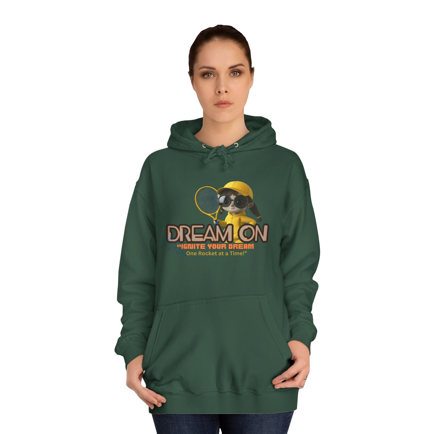 Person wearing a Bottle green hoodie with a graphic design