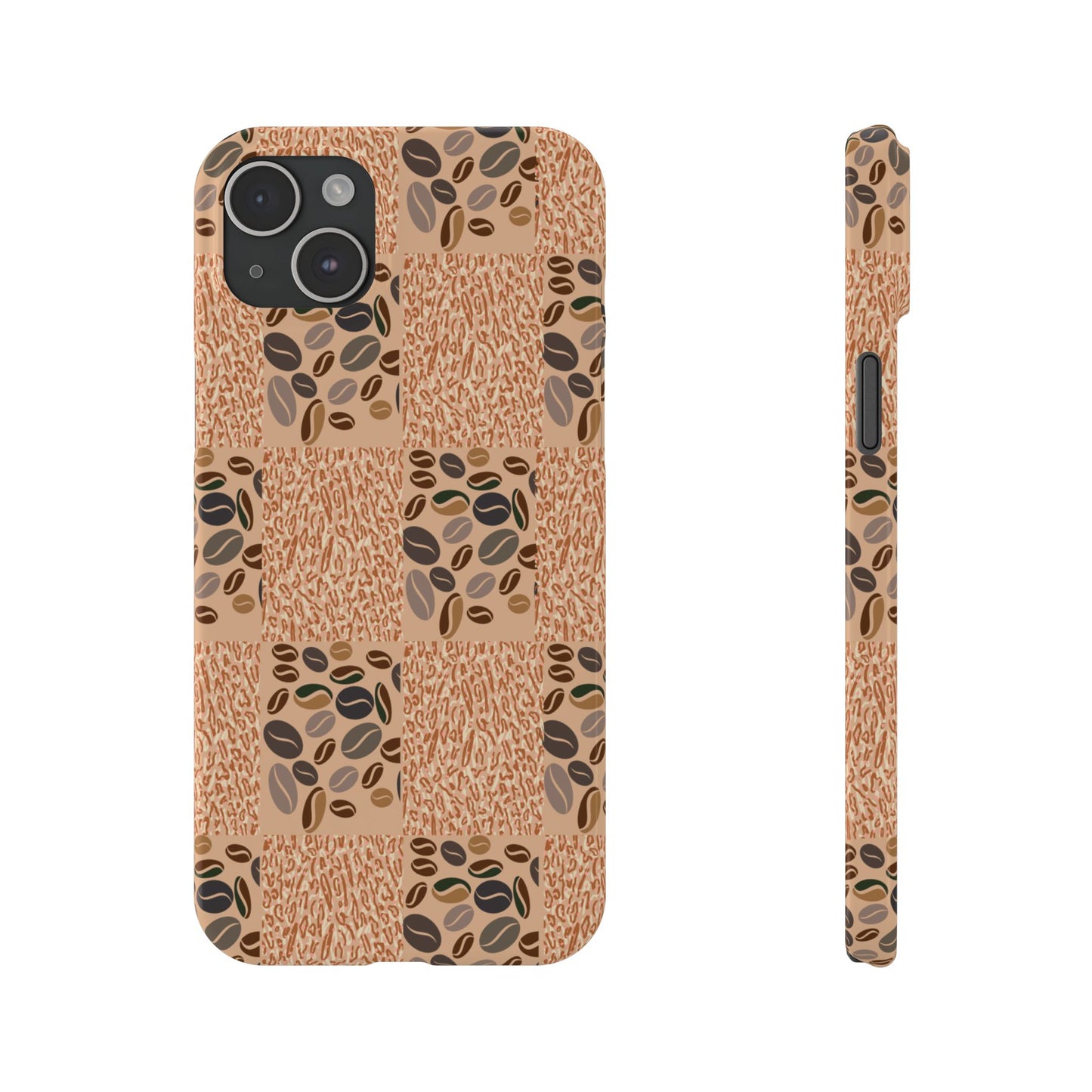 A mobile phone case with a geometric pattern featuring coffee beans on a beige background, designed for iPhone 15 plus series models.