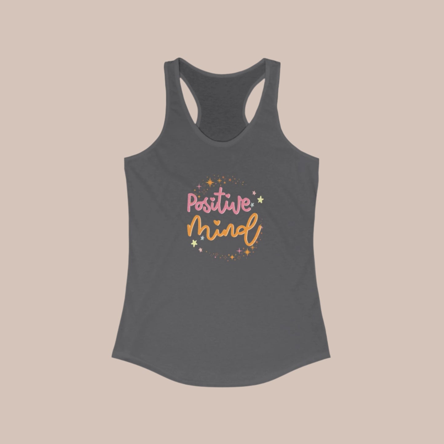 A solid dark grey women's racerback tank top with 'Positive Mind' text printed in the center in a cursive font, surrounded by small heart shapes.