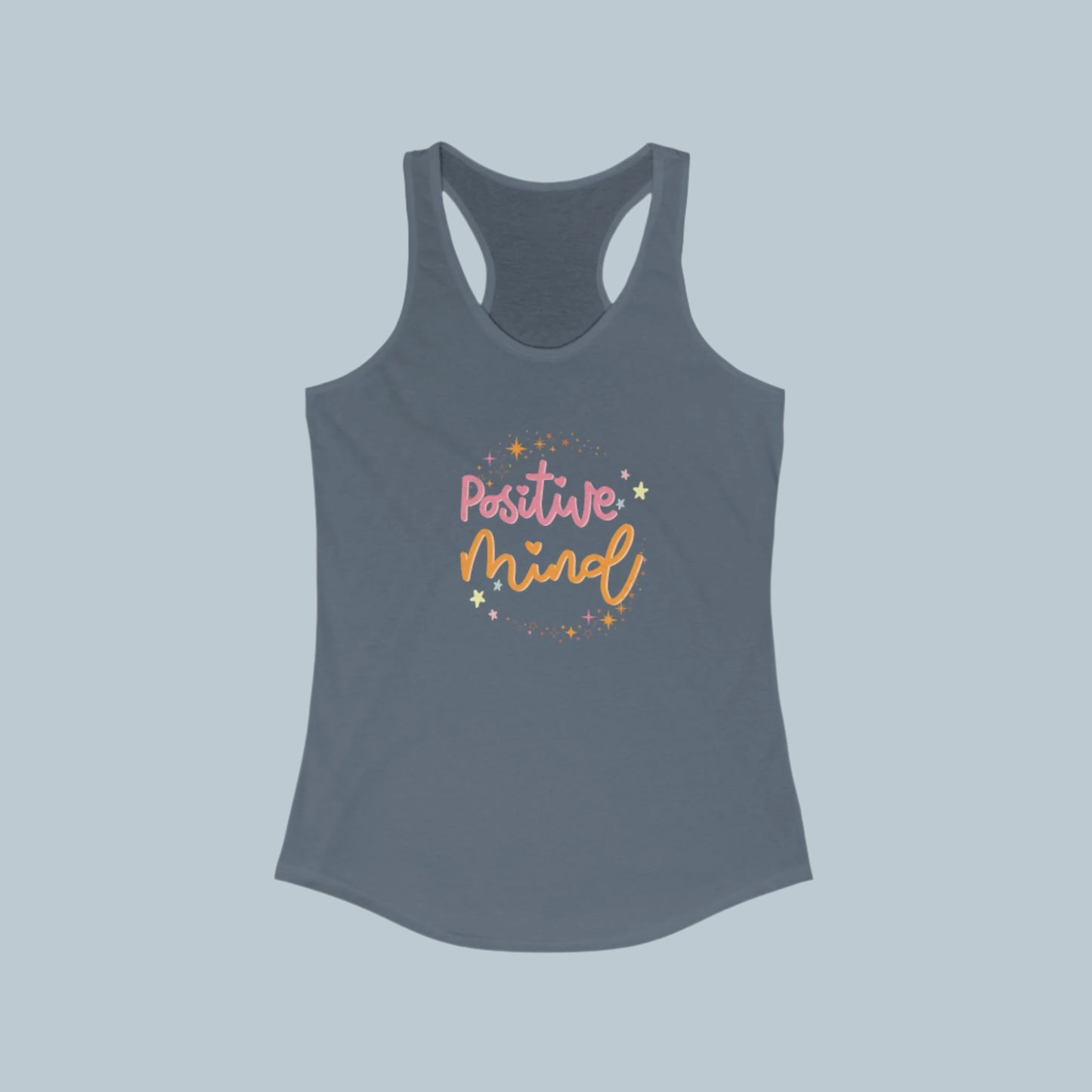 A solid indigo women's racerback tank top with 'Positive Mind' text printed in the center in a cursive font, surrounded by small heart shapes.