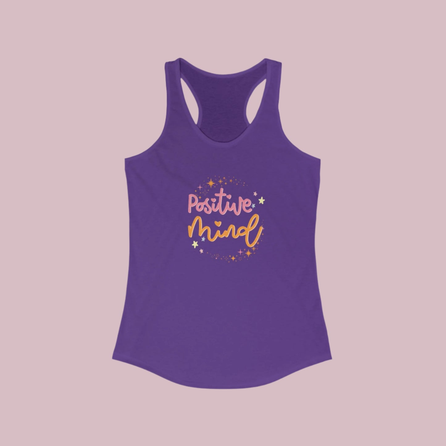 A solid purple rush women's racerback tank top with 'Positive Mind' text printed in the center in a cursive font, surrounded by small heart shapes.